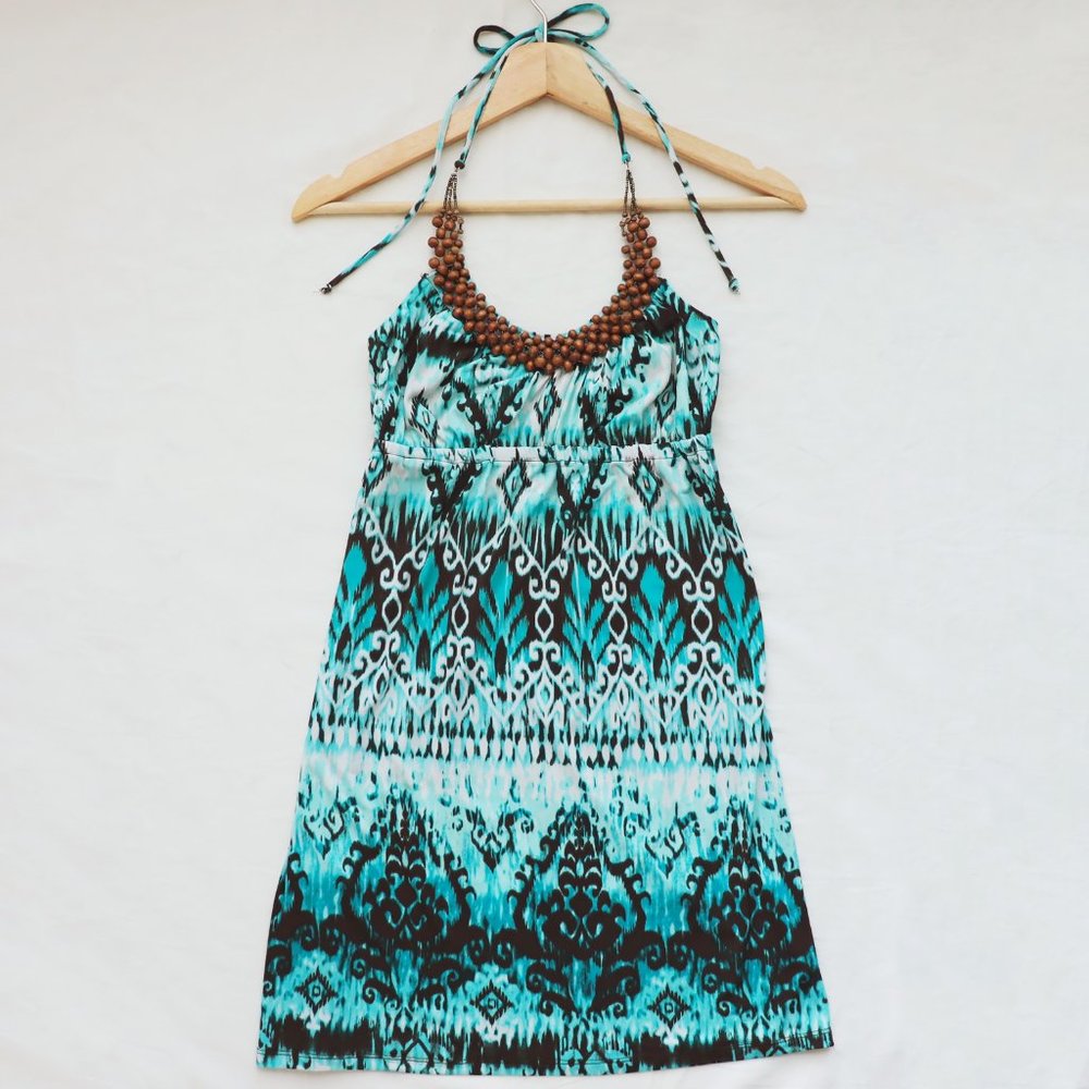 Trendy 90s Halter Neck Mini Short Dress Teal Green XS